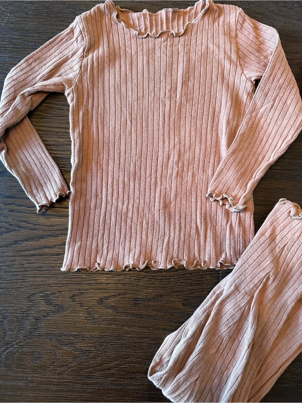 Girls Long Sleeve Ribbed Pink Pajama Set - Soft Knit Two-Piece